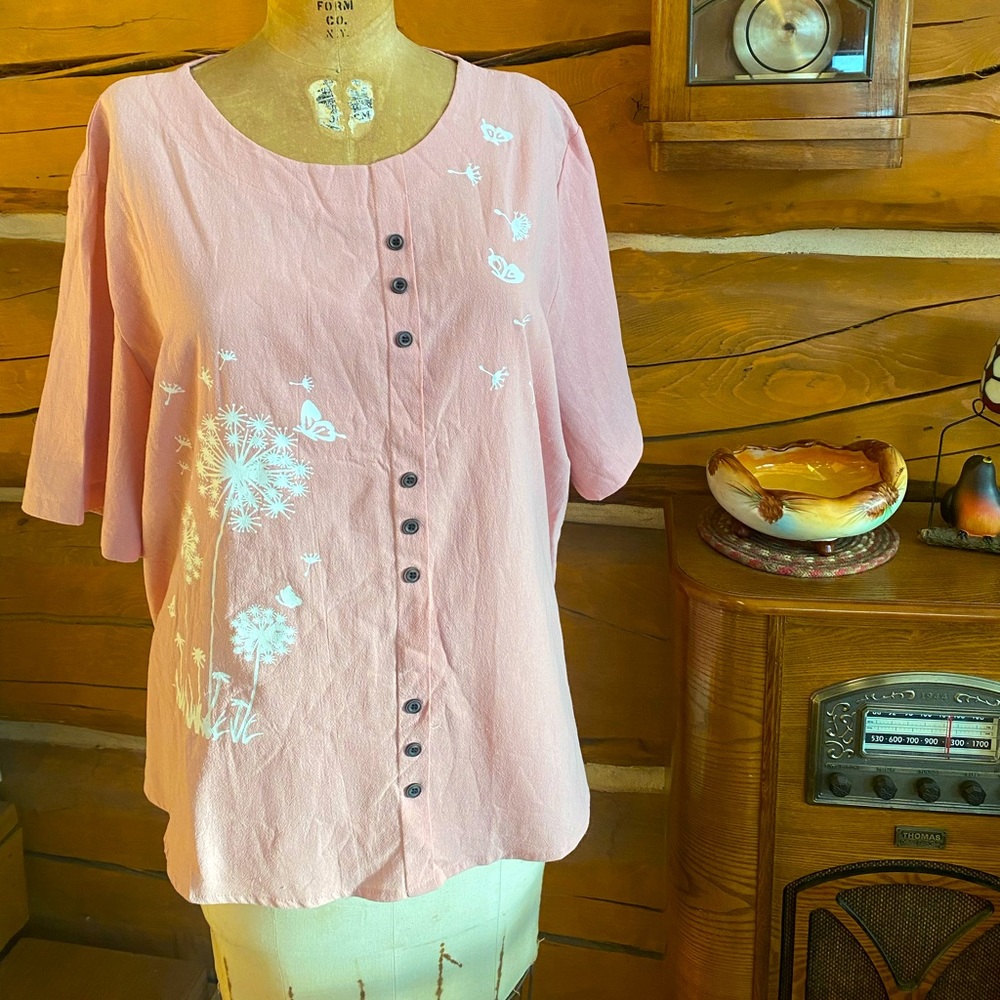 Pink Blouse women's 2X short sleeve faux button dandelion floral EUC top shirt
